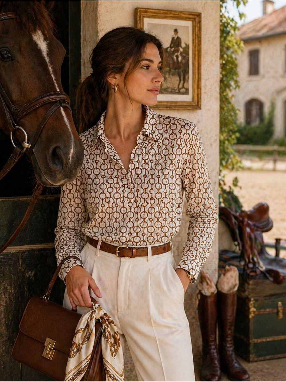 Bariloche Spain Equestrian Horsebit Chain Print Cotton Blouse